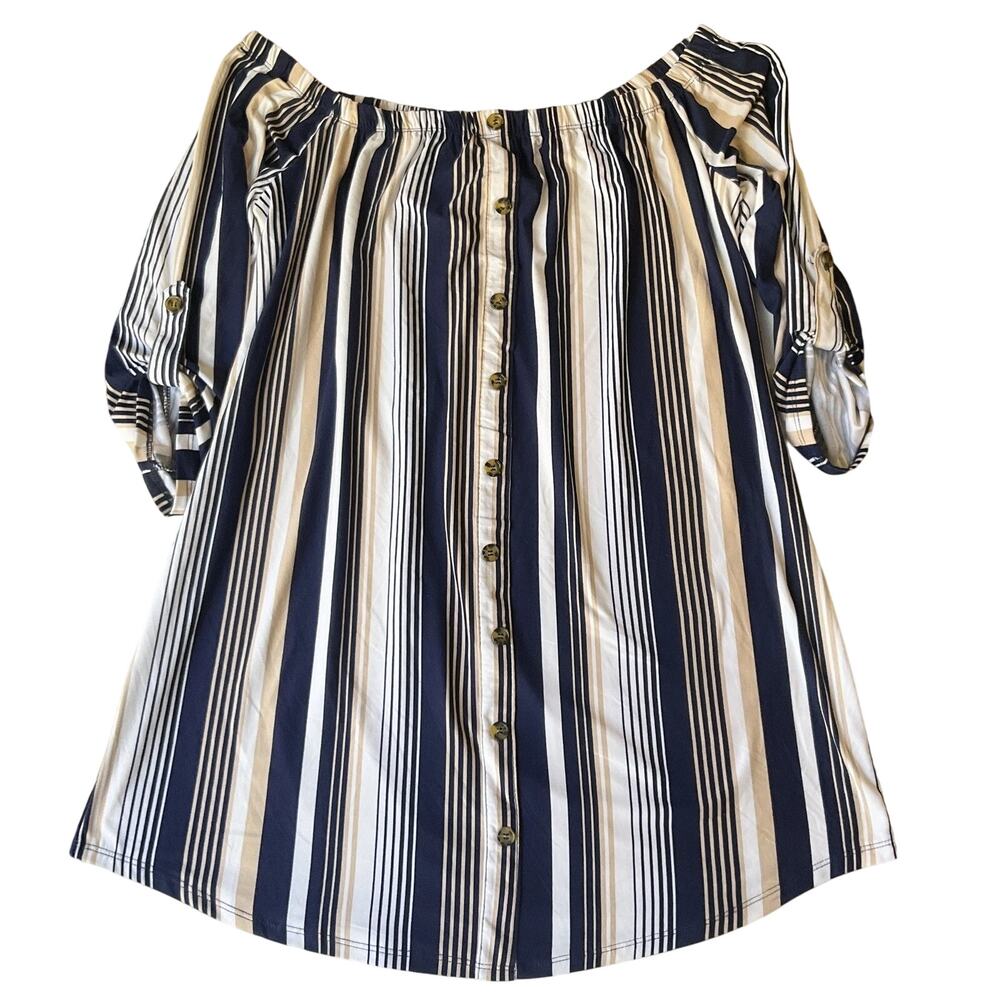 No Comment NY-LA Women Mini Dress XL Navy Striped Shift 3/4 Sleeve Off Shoulder
